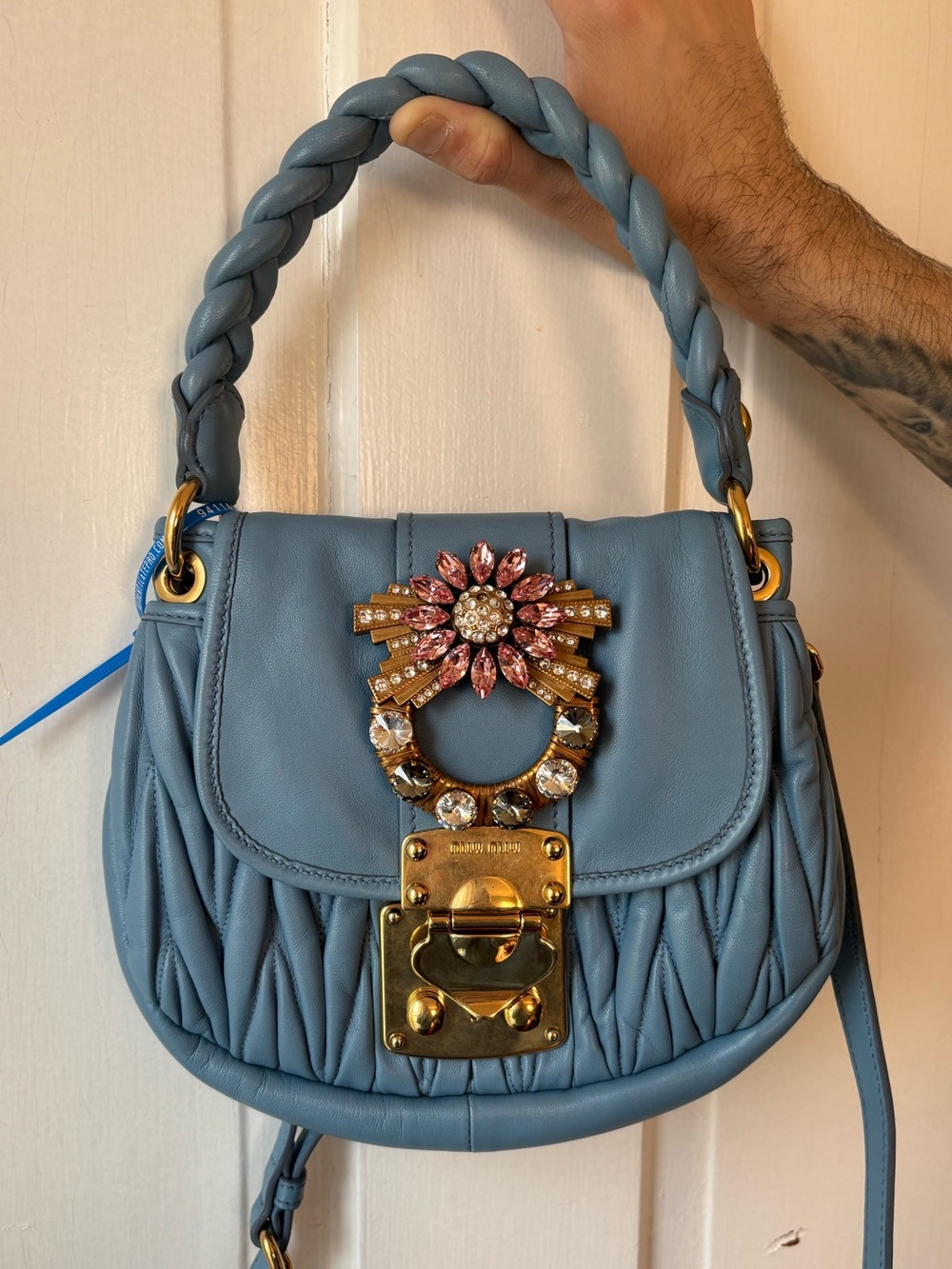 Miu Miu Blue Crystal Rhinestone Matelasse Coffer Ruched Crossbody Top Handle Bag